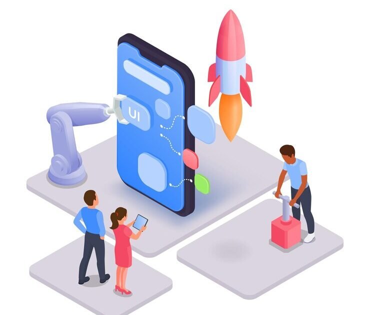 mobile-app-development-isometric-composition-with-human-characters-robotic-arm-smartphone-platforms-with-rocket-vector-illustration_1284-77296